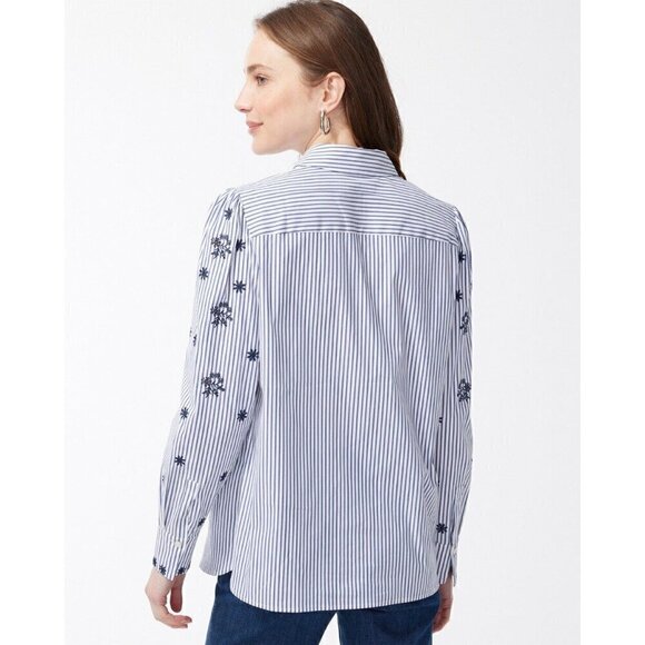 Chico's Blue White Stripe Embroidered Eyelet Embellished Sleeve Poplin Shirt 16 - Picture 4 of 12